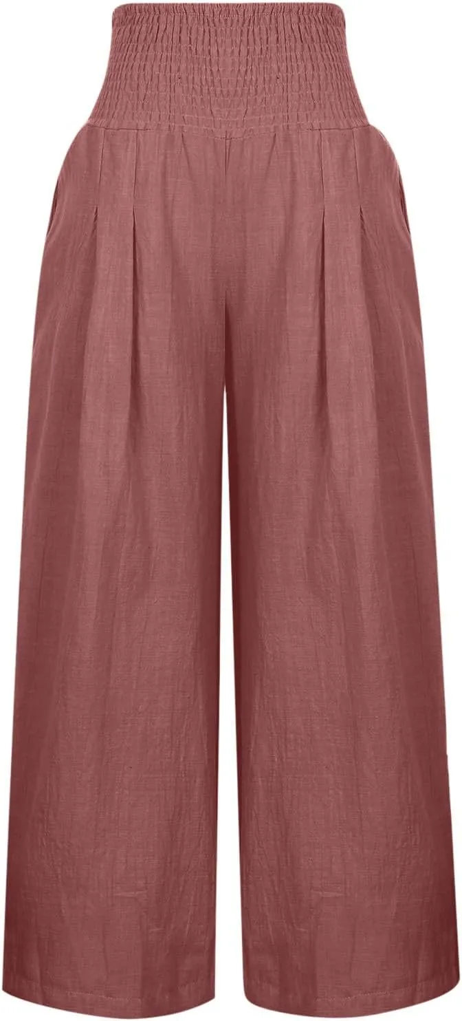 JIEMUXIU Palazzo Linen Pants Women Summer Wide Leg High Waist Casual Lounge Pant with Pocket Beach Travel Vacation Outfits