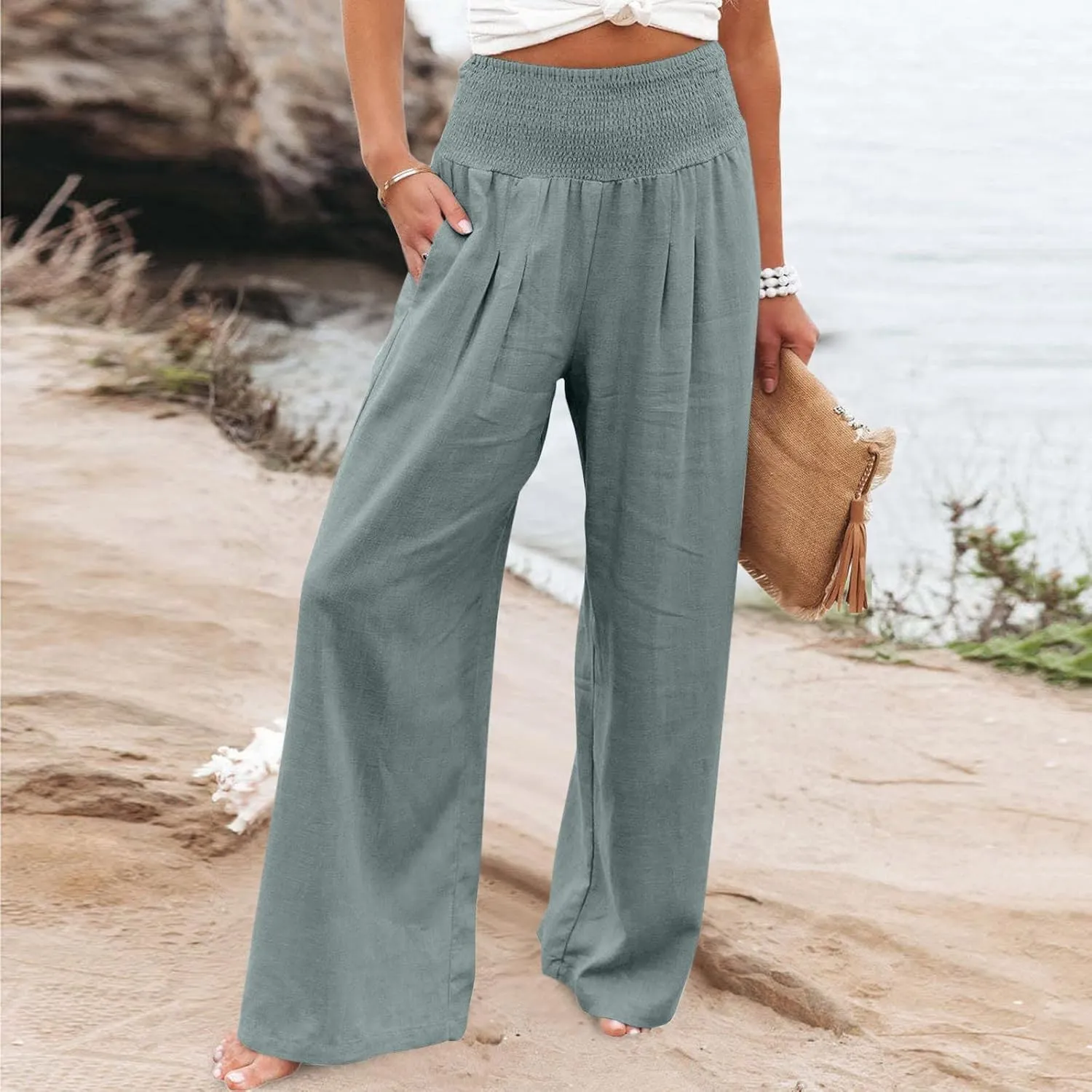JIEMUXIU Palazzo Linen Pants Women Summer Wide Leg High Waist Casual Lounge Pant with Pocket Beach Travel Vacation Outfits