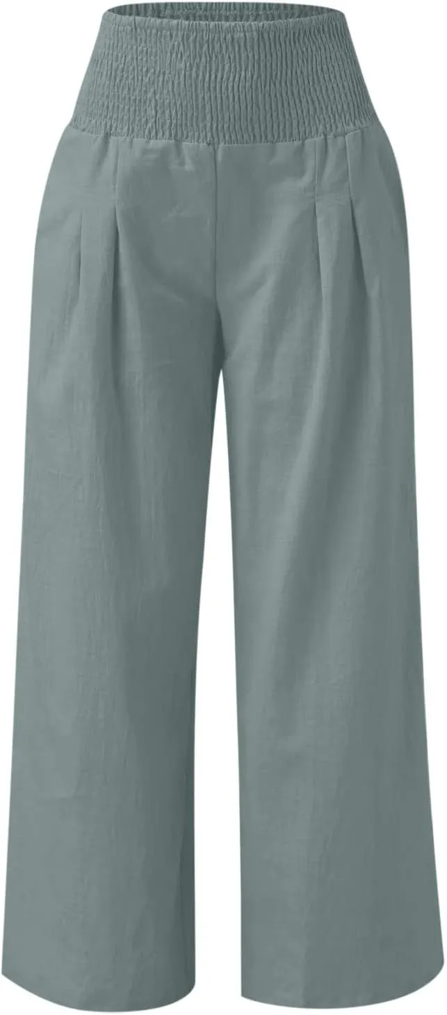 JIEMUXIU Palazzo Linen Pants Women Summer Wide Leg High Waist Casual Lounge Pant with Pocket Beach Travel Vacation Outfits