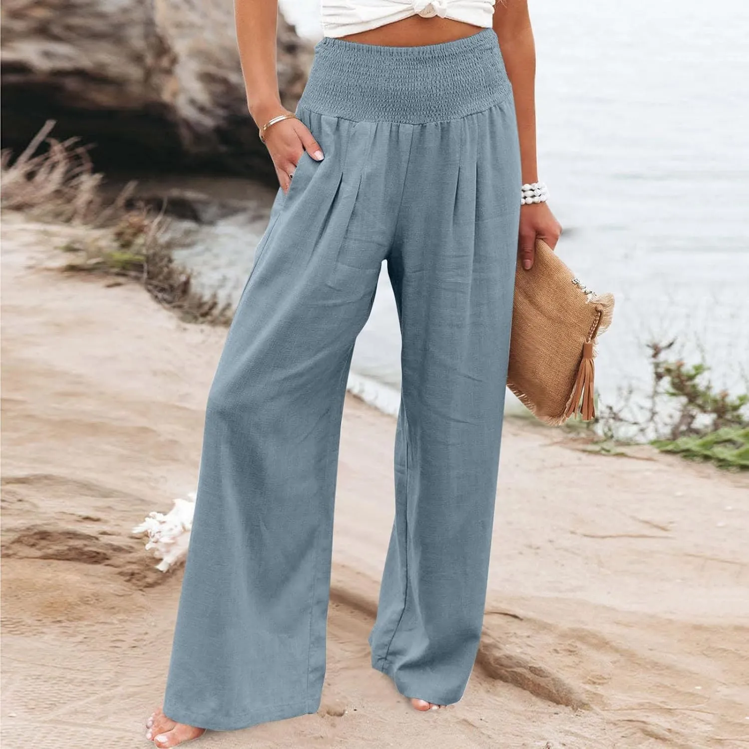 JIEMUXIU Palazzo Linen Pants Women Summer Wide Leg High Waist Casual Lounge Pant with Pocket Beach Travel Vacation Outfits