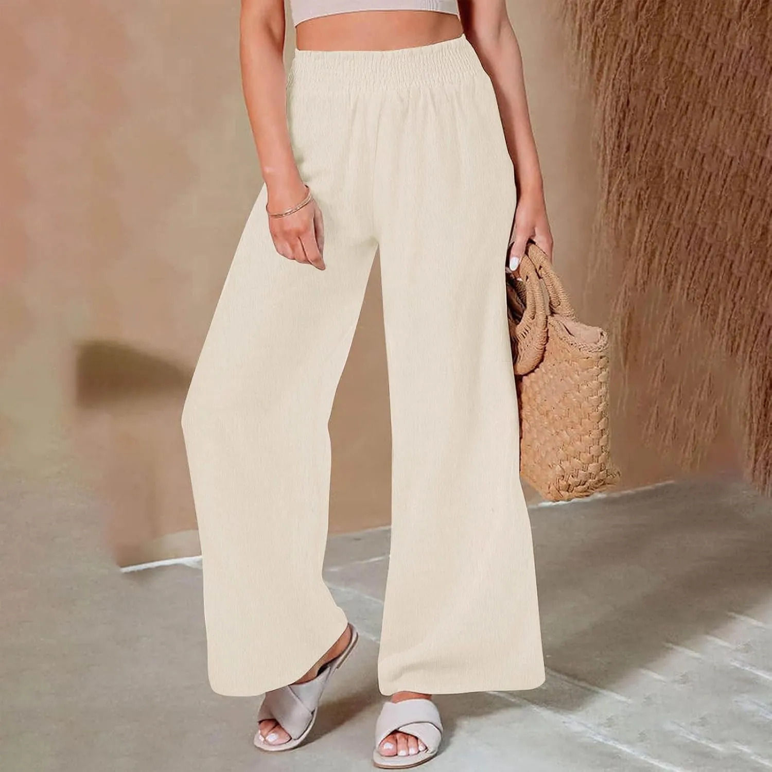 JIEMUXIU Palazzo Linen Pants Women Summer Wide Leg High Waist Casual Lounge Pant with Pocket Beach Travel Vacation Outfits