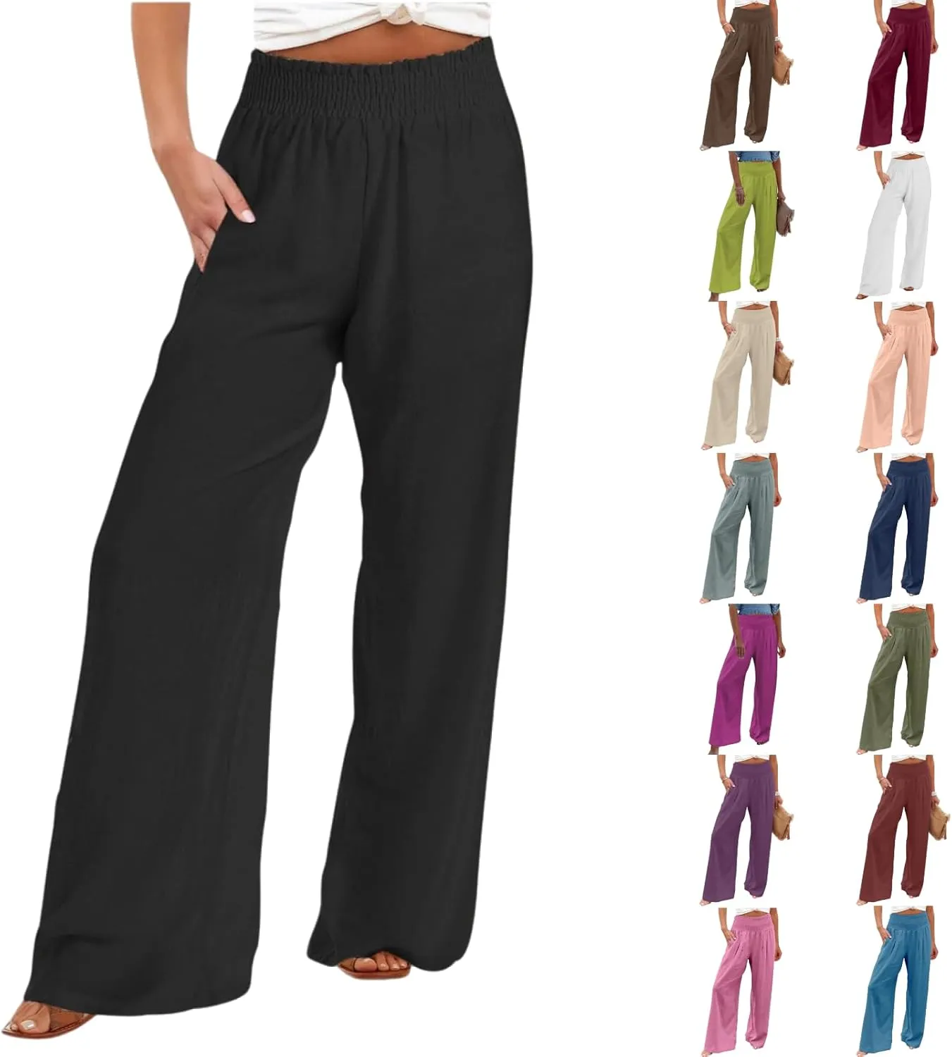 JIEMUXIU Palazzo Linen Pants Women Summer Wide Leg High Waist Casual Lounge Pant with Pocket Beach Travel Vacation Outfits