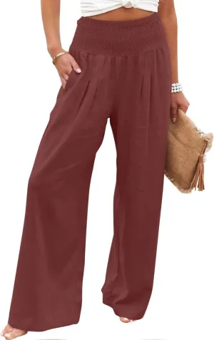 JIEMUXIU Palazzo Linen Pants Women Summer Wide Leg High Waist Casual Lounge Pant with Pocket Beach Travel Vacation Outfits