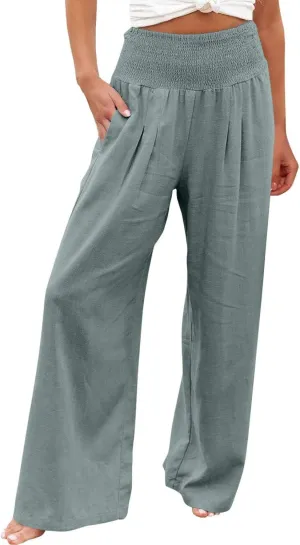 JIEMUXIU Palazzo Linen Pants Women Summer Wide Leg High Waist Casual Lounge Pant with Pocket Beach Travel Vacation Outfits