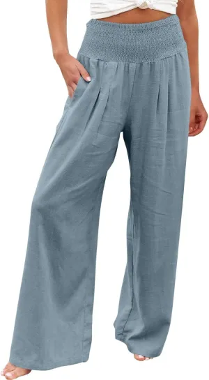 JIEMUXIU Palazzo Linen Pants Women Summer Wide Leg High Waist Casual Lounge Pant with Pocket Beach Travel Vacation Outfits