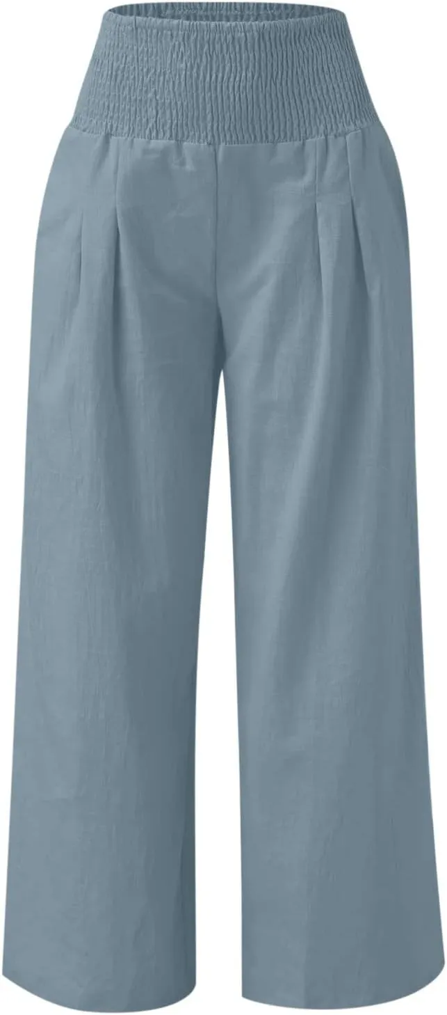 JIEMUXIU Palazzo Linen Pants Women Summer Wide Leg High Waist Casual Lounge Pant with Pocket Beach Travel Vacation Outfits