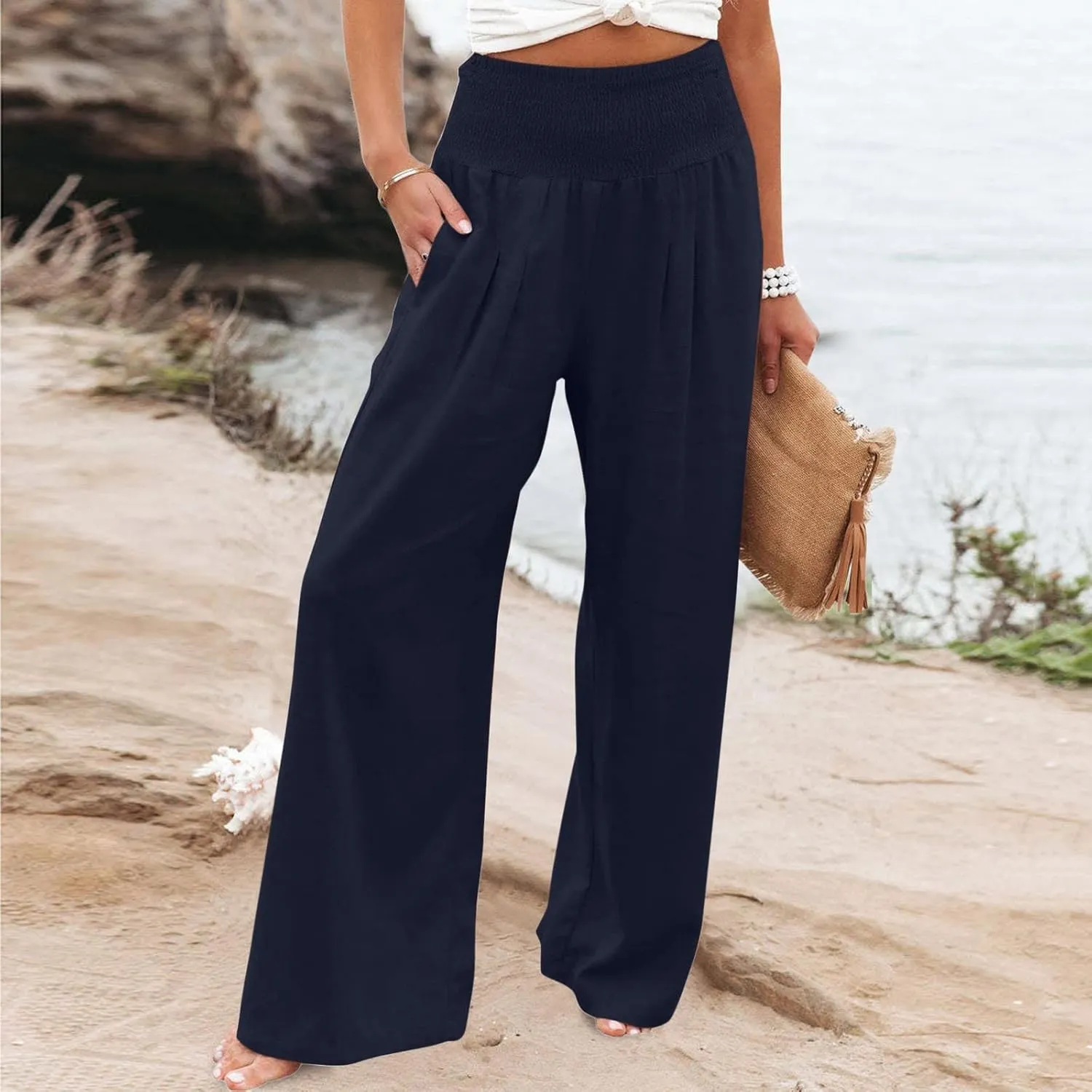 JIEMUXIU Palazzo Linen Pants Women Summer Wide Leg High Waist Casual Lounge Pant with Pocket Beach Travel Vacation Outfits