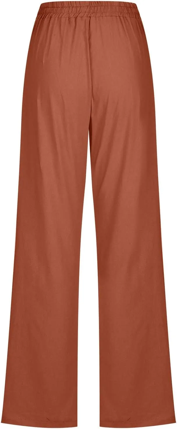JIEMUXIU Womens Linen Pants Palazzo Summer Trendy Wide Leg Pants Holiday Casual Lounge Pant Beach Travel Vacation Outfits