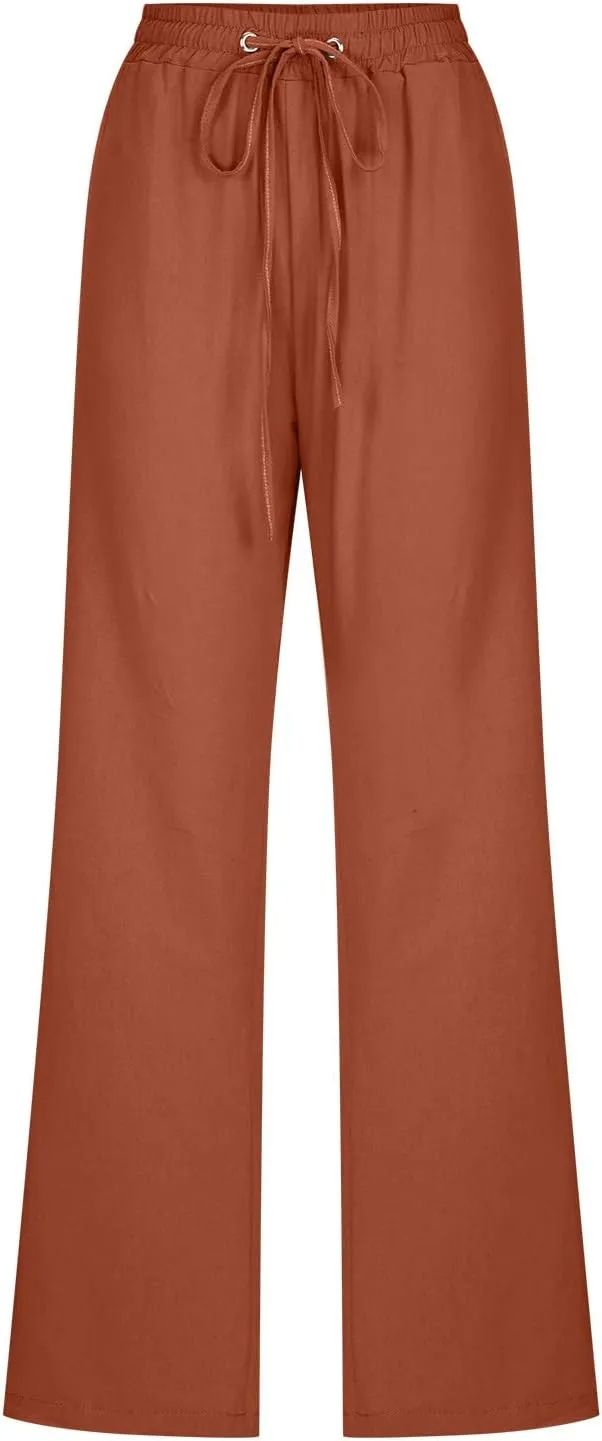 JIEMUXIU Womens Linen Pants Palazzo Summer Trendy Wide Leg Pants Holiday Casual Lounge Pant Beach Travel Vacation Outfits