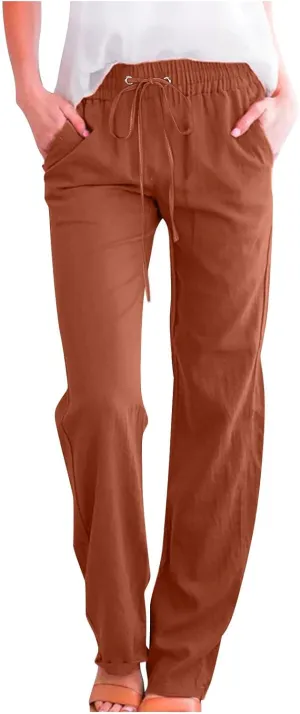 JIEMUXIU Womens Linen Pants Palazzo Summer Trendy Wide Leg Pants Holiday Casual Lounge Pant Beach Travel Vacation Outfits
