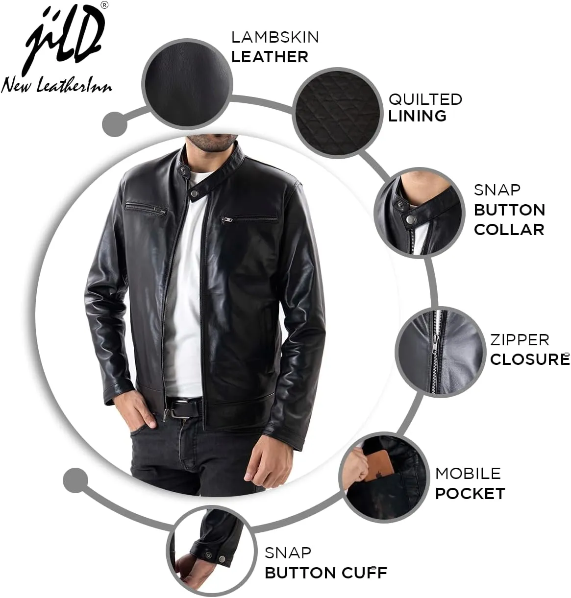 Jild Classical Single Piece Lambskin Leather Jacket Men - Everyday Wear Snap Tab Collar Men’s Motorcycle Leather Jacket