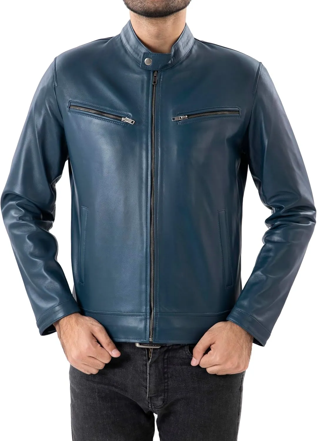 Jild Classical Single Piece Lambskin Leather Jacket Men - Everyday Wear Snap Tab Collar Men’s Motorcycle Leather Jacket