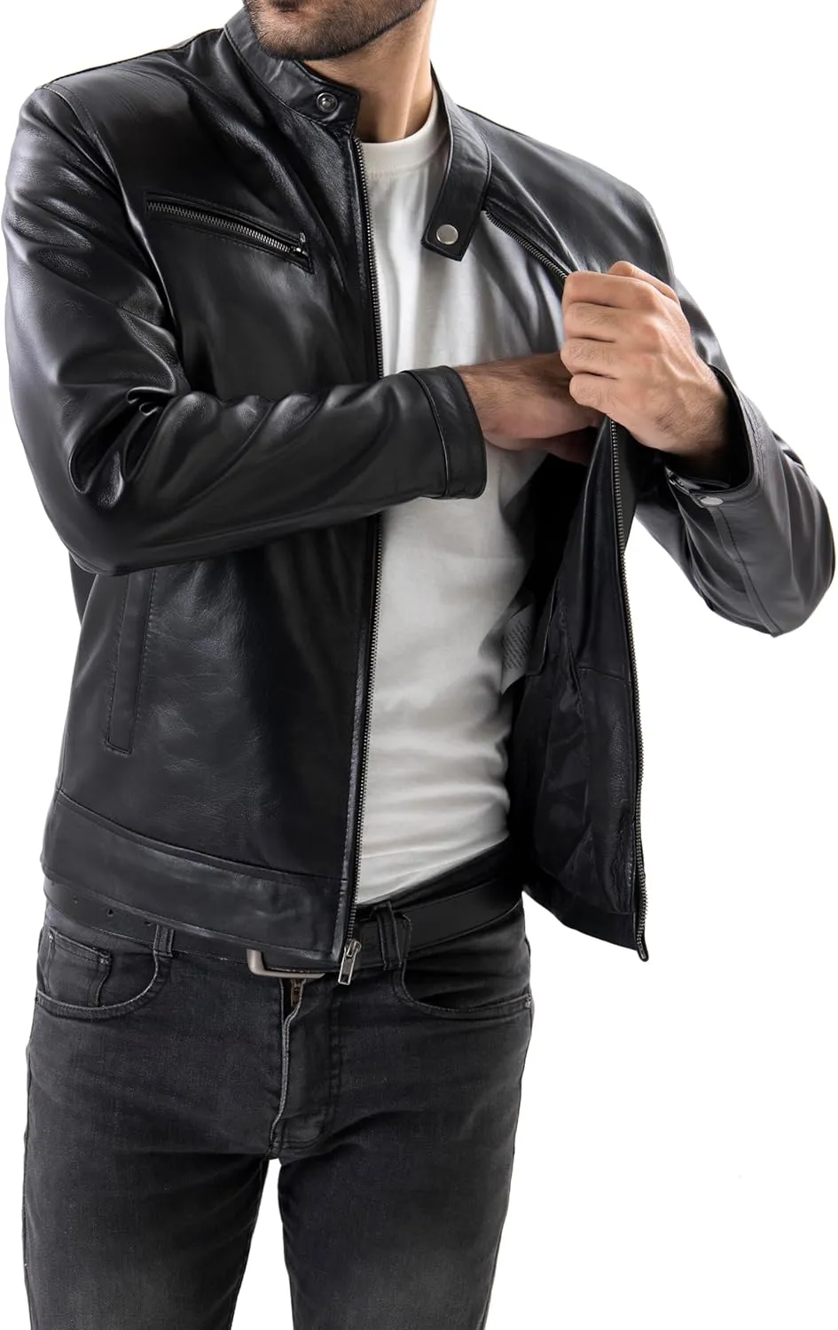 Jild Classical Single Piece Lambskin Leather Jacket Men - Everyday Wear Snap Tab Collar Men’s Motorcycle Leather Jacket