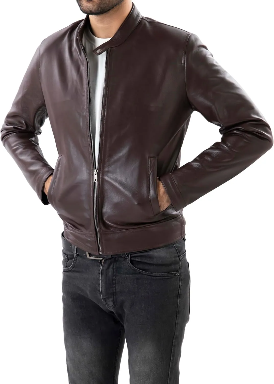 Jild Classical Single Piece Lambskin Leather Jacket Men - Everyday Wear Snap Tab Collar Men’s Motorcycle Leather Jacket