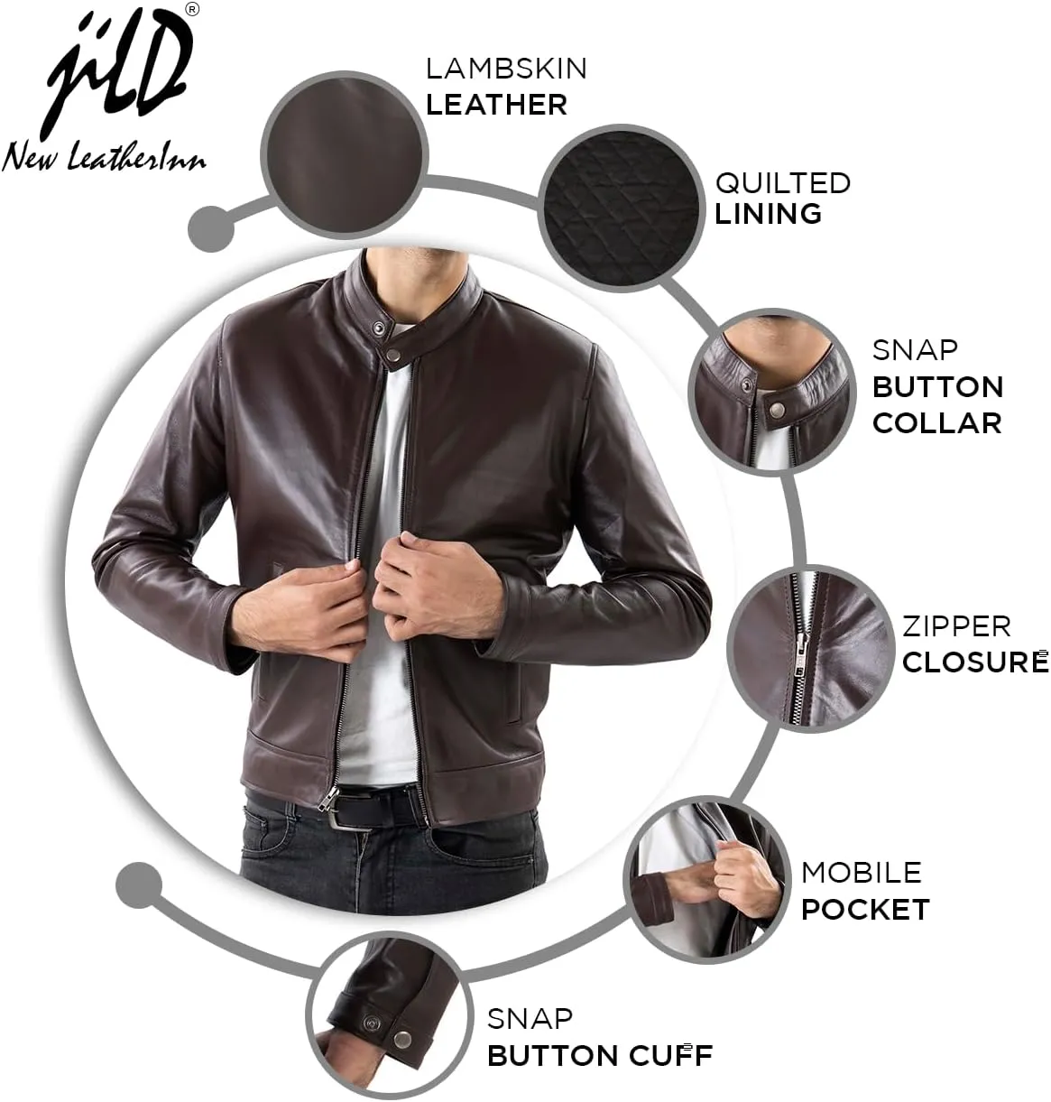 Jild Classical Single Piece Lambskin Leather Jacket Men - Everyday Wear Snap Tab Collar Men’s Motorcycle Leather Jacket
