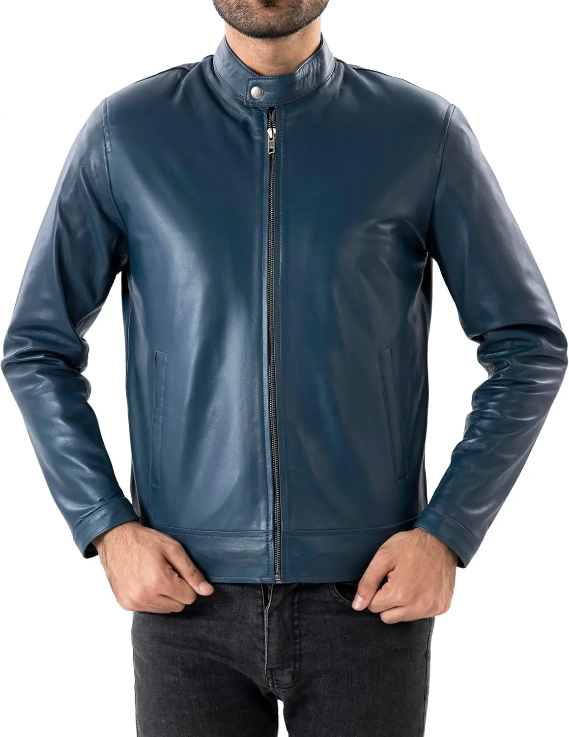 Jild Classical Single Piece Lambskin Leather Jacket Men - Everyday Wear Snap Tab Collar Men’s Motorcycle Leather Jacket