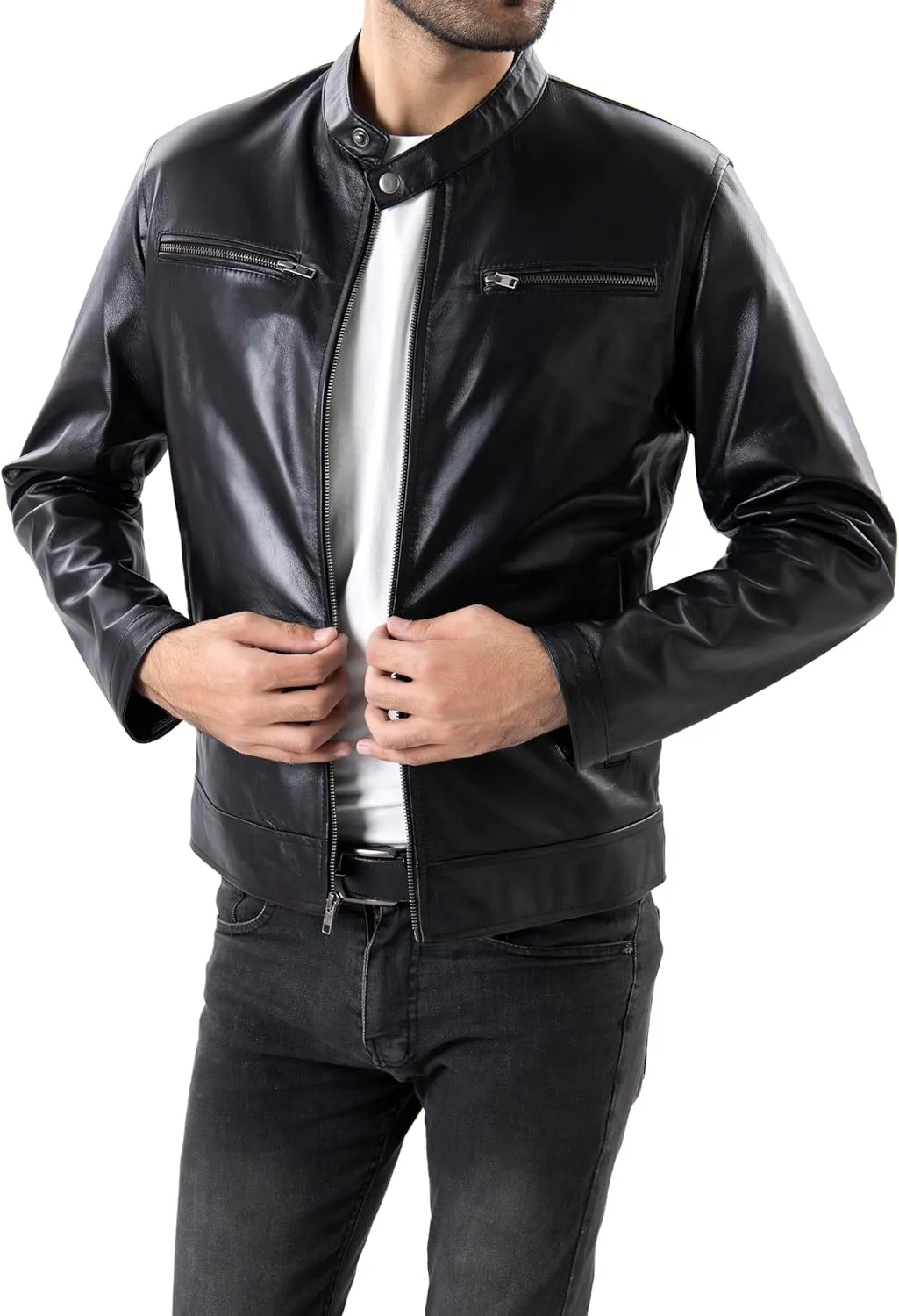 Jild Classical Single Piece Lambskin Leather Jacket Men - Everyday Wear Snap Tab Collar Men’s Motorcycle Leather Jacket