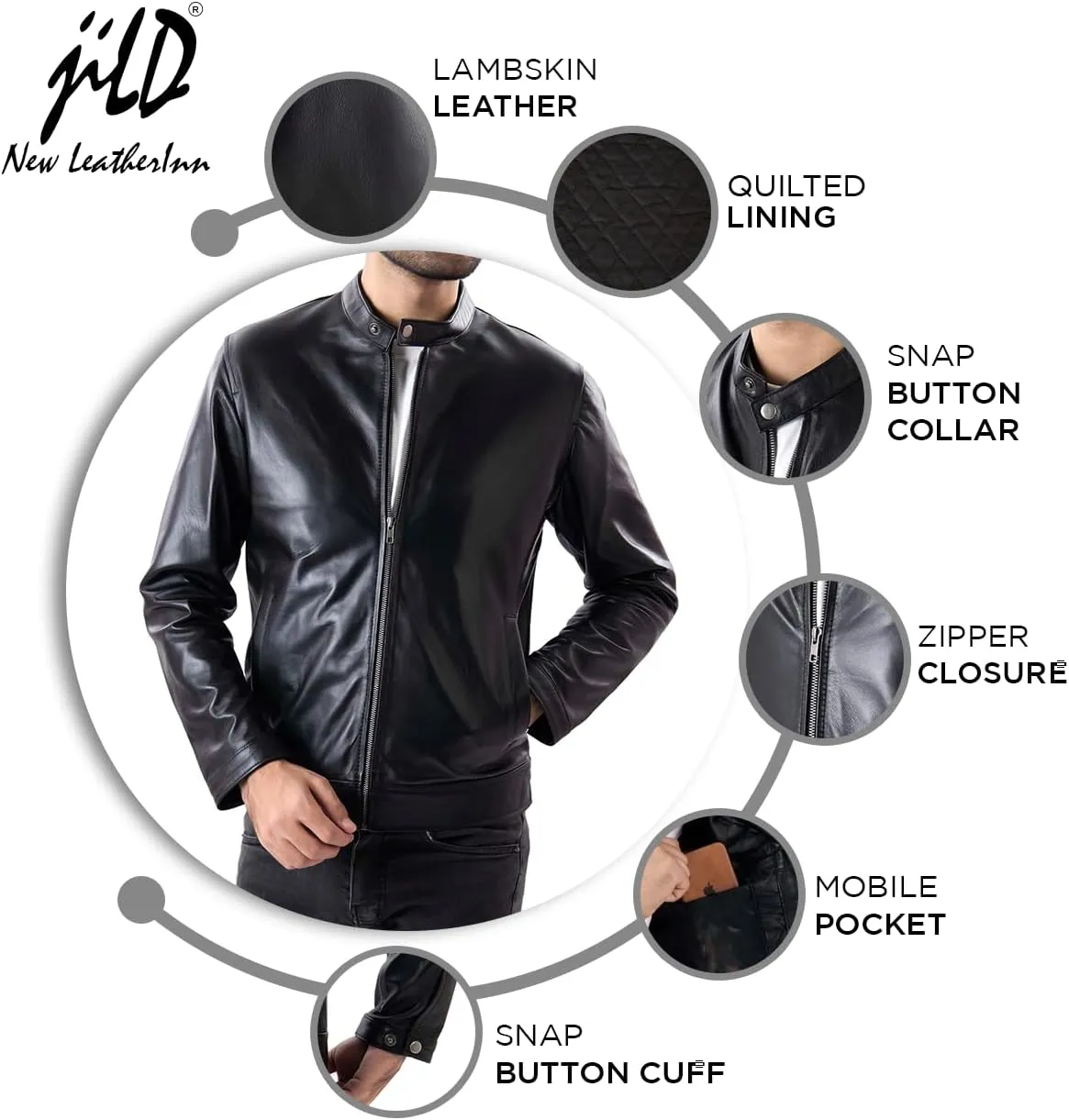 Jild Classical Single Piece Lambskin Leather Jacket Men - Everyday Wear Snap Tab Collar Men’s Motorcycle Leather Jacket