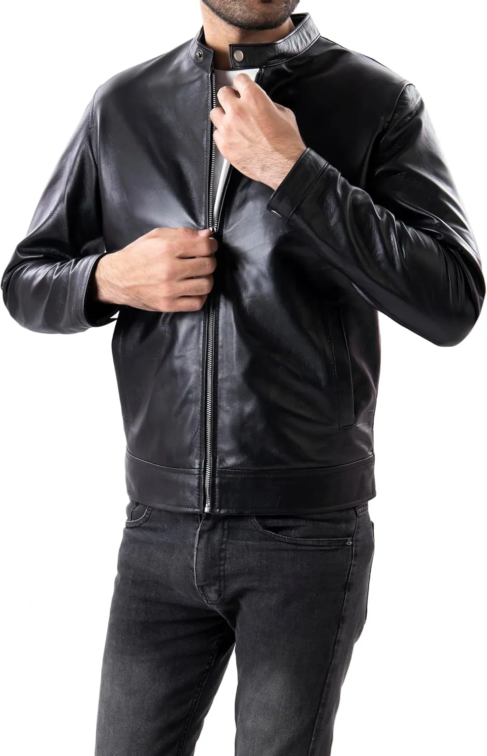 Jild Classical Single Piece Lambskin Leather Jacket Men - Everyday Wear Snap Tab Collar Men’s Motorcycle Leather Jacket