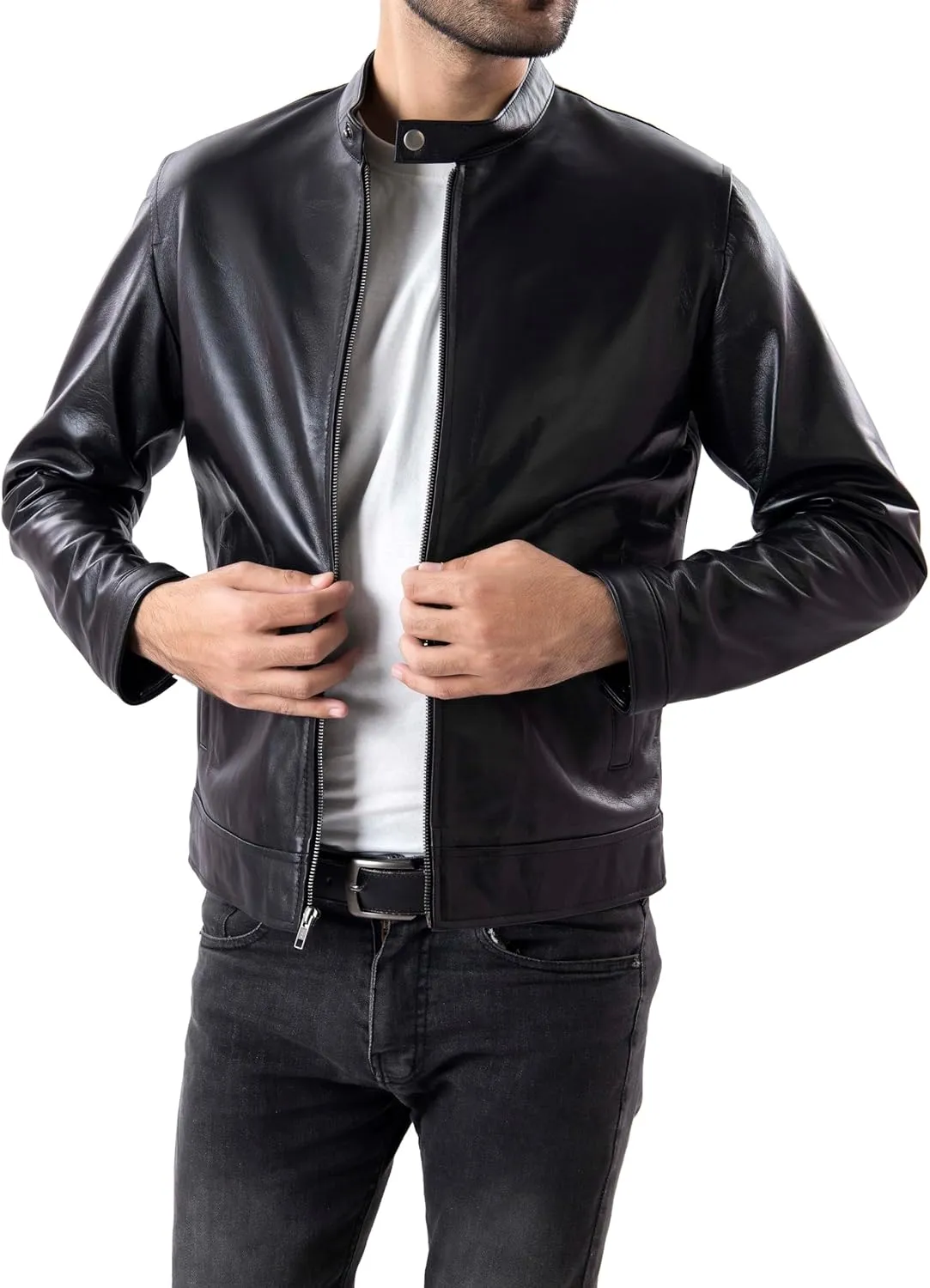 Jild Classical Single Piece Lambskin Leather Jacket Men - Everyday Wear Snap Tab Collar Men’s Motorcycle Leather Jacket