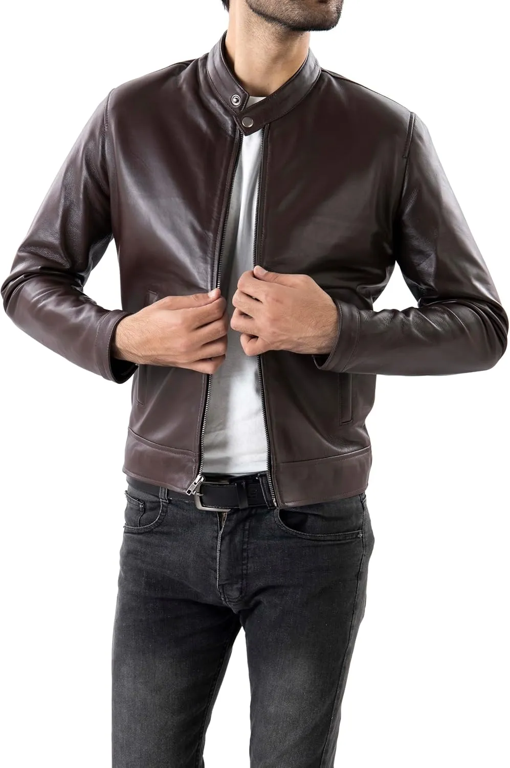 Jild Classical Single Piece Lambskin Leather Jacket Men - Everyday Wear Snap Tab Collar Men’s Motorcycle Leather Jacket