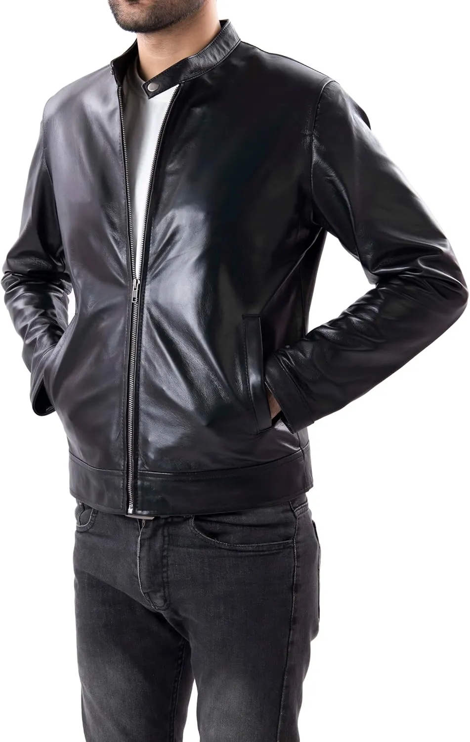 Jild Classical Single Piece Lambskin Leather Jacket Men - Everyday Wear Snap Tab Collar Men’s Motorcycle Leather Jacket