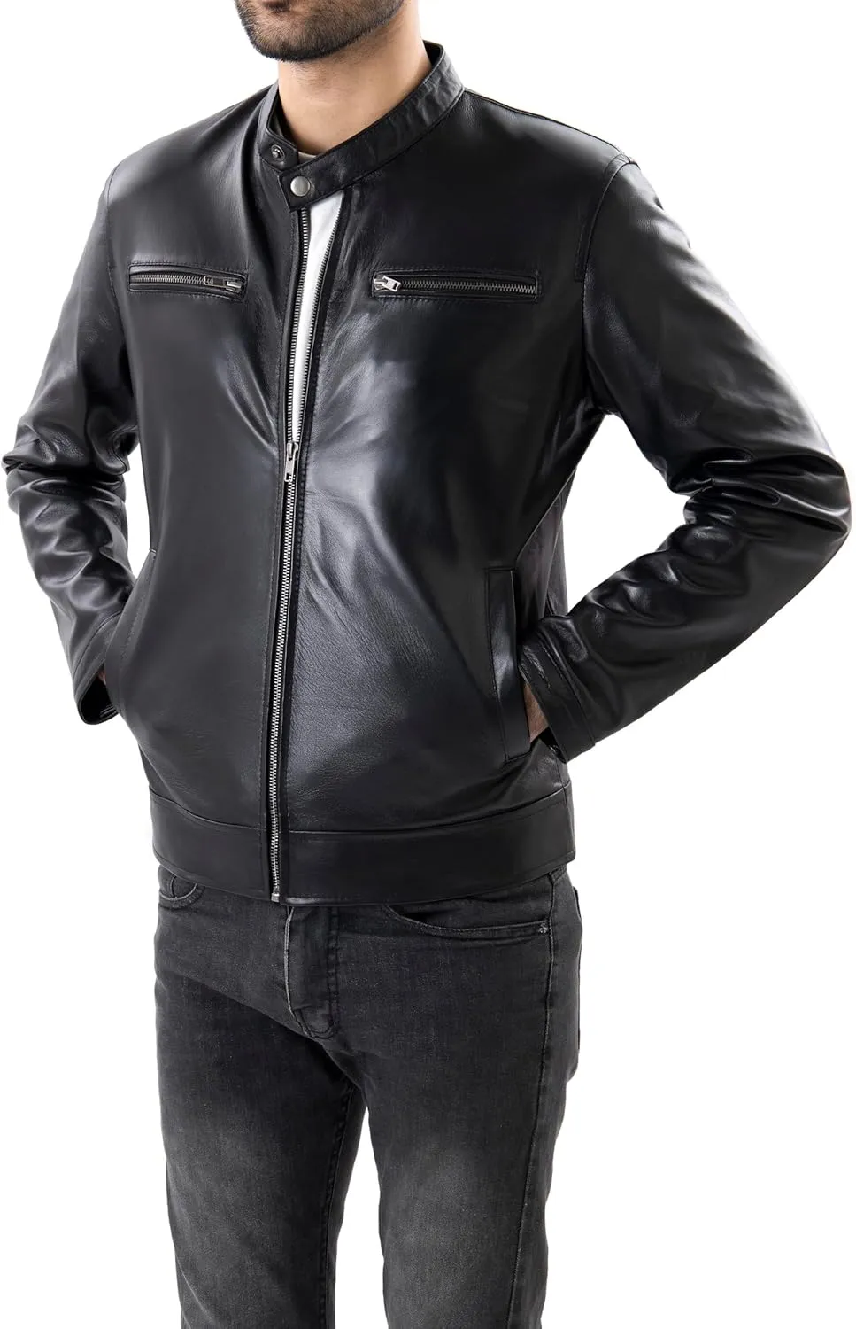 Jild Classical Single Piece Lambskin Leather Jacket Men - Everyday Wear Snap Tab Collar Men’s Motorcycle Leather Jacket