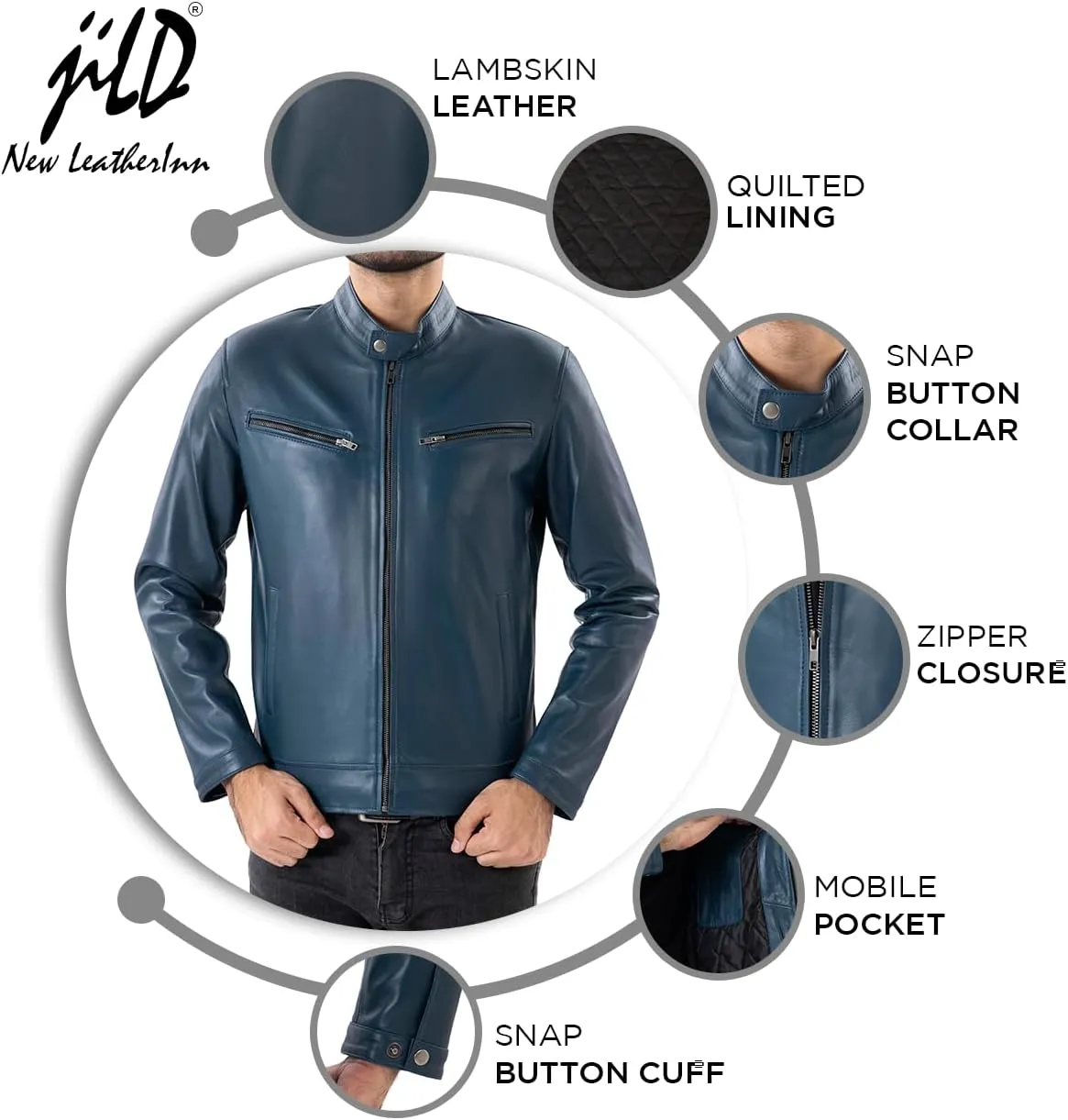 Jild Classical Single Piece Lambskin Leather Jacket Men - Everyday Wear Snap Tab Collar Men’s Motorcycle Leather Jacket