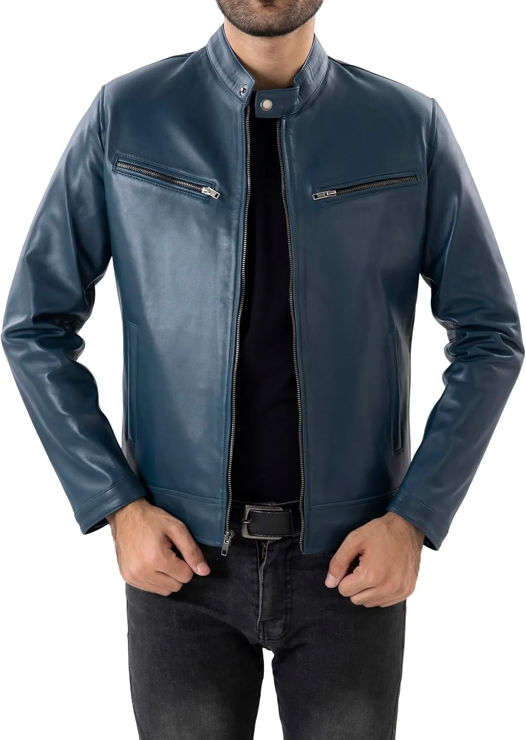 Jild Classical Single Piece Lambskin Leather Jacket Men - Everyday Wear Snap Tab Collar Men’s Motorcycle Leather Jacket