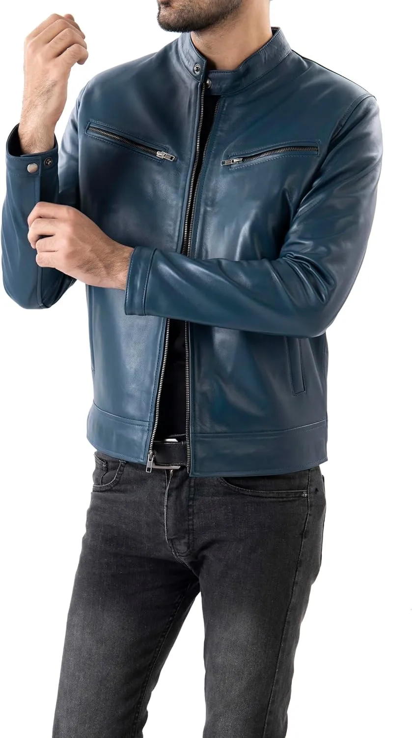 Jild Classical Single Piece Lambskin Leather Jacket Men - Everyday Wear Snap Tab Collar Men’s Motorcycle Leather Jacket