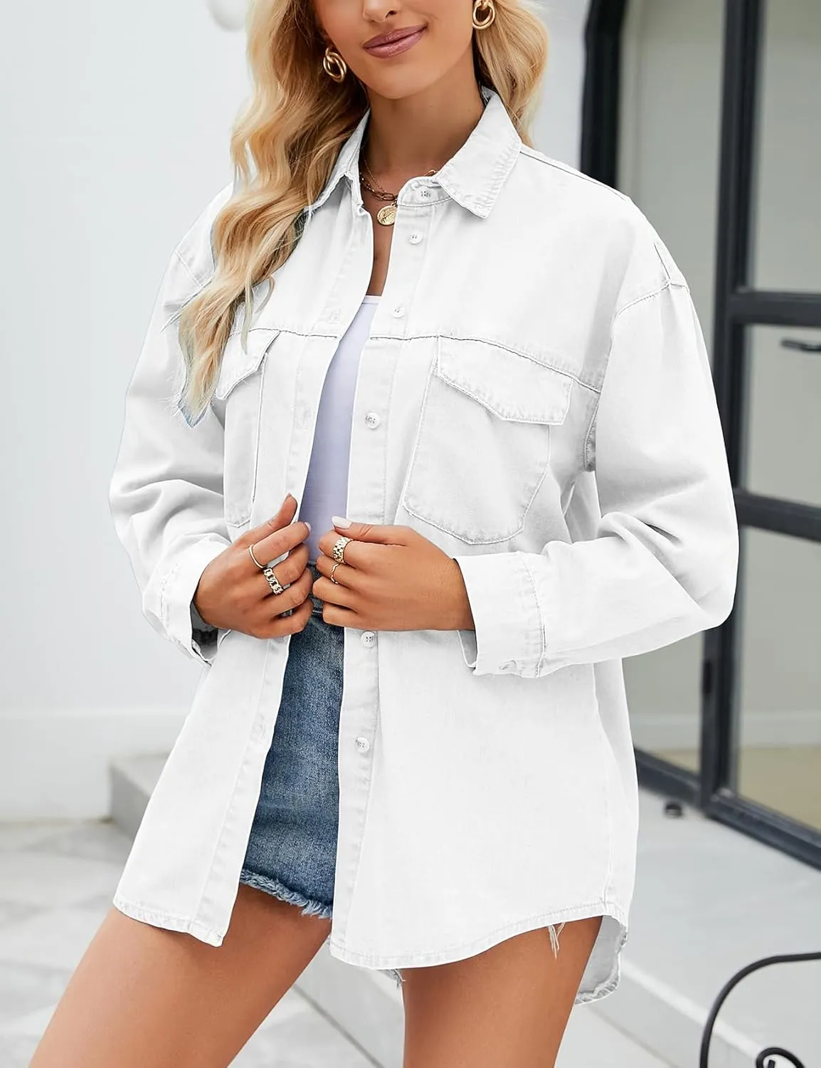 Ladyful Women's Boyfriend Denim Shirt Casual Baggy Button Down Jean Blouse Top