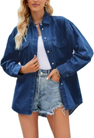 Ladyful Women's Boyfriend Denim Shirt Casual Baggy Button Down Jean Blouse Top