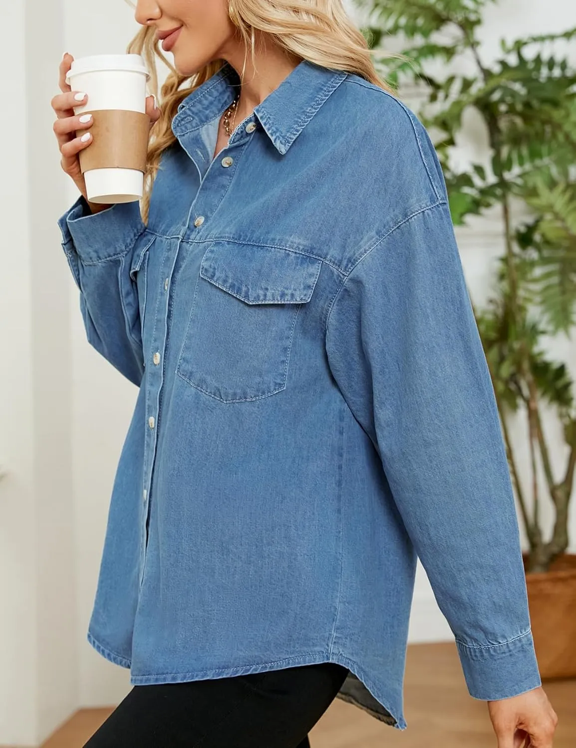 Ladyful Women's Boyfriend Denim Shirt Casual Baggy Button Down Jean Blouse Top