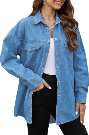 Ladyful Women's Boyfriend Denim Shirt Casual Baggy Button Down Jean Blouse Top