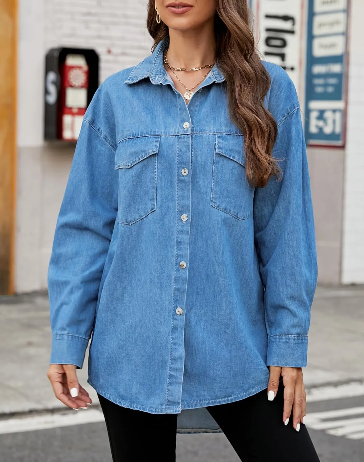 Ladyful Women's Boyfriend Denim Shirt Casual Baggy Button Down Jean Blouse Top