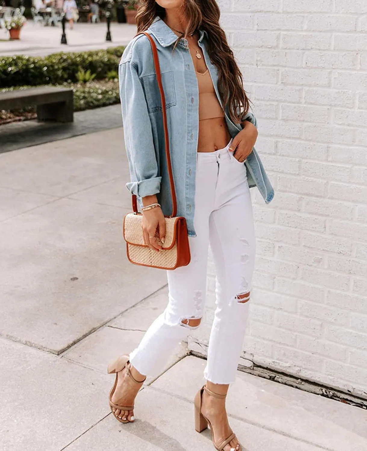 Ladyful Women's Oversized Denim Shirt Shacket Long sleeve Jean Jacket Coat