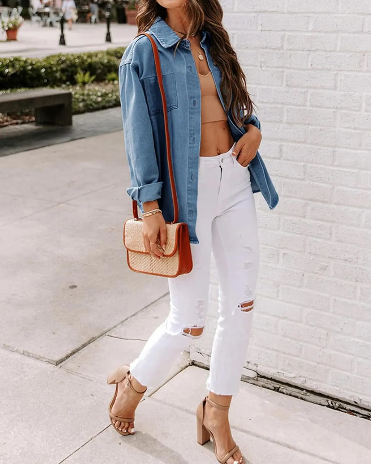 Ladyful Women's Oversized Denim Shirt Shacket Long sleeve Jean Jacket Coat
