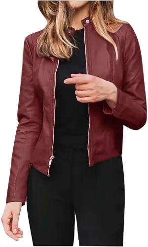 LCMTWX Womens Faux Leather Long Sleeve Jackets Collar Long Sleeve Outwear Cool Slim Jacket Coat for Plus Size Moto Biker