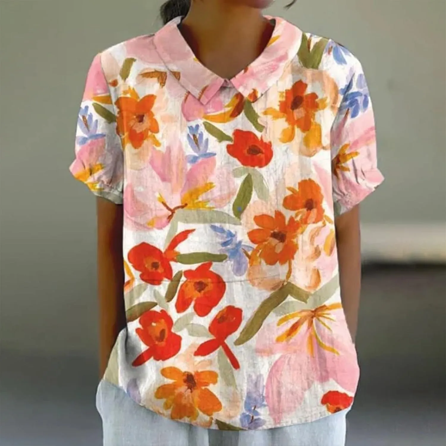LCMTWX Womens Short Sleeve Cotton Linen Shirts Down Up Shirt Casual Collared V Neck Tops Shirts Loose Plus Size Short