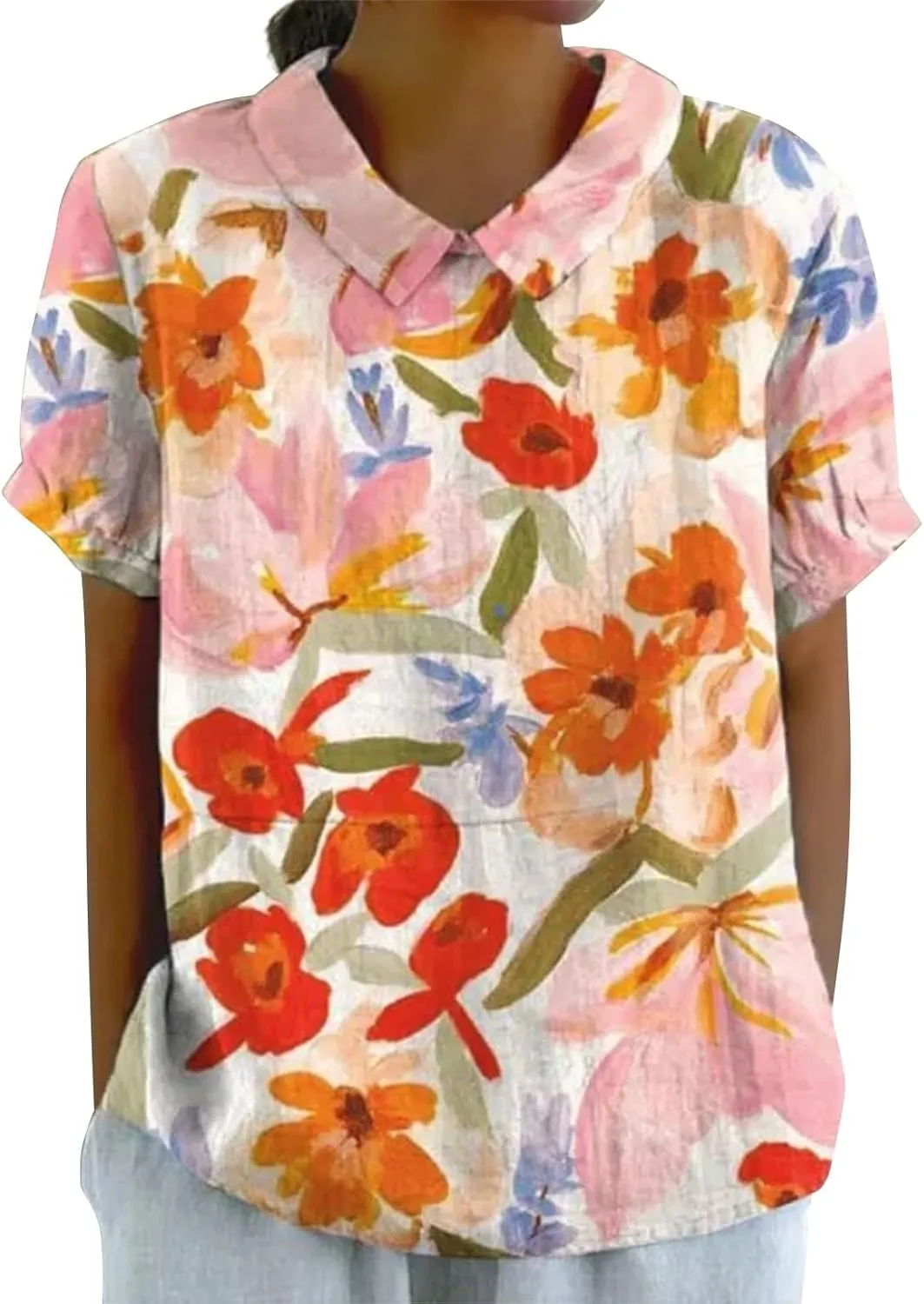 LCMTWX Womens Short Sleeve Cotton Linen Shirts Down Up Shirt Casual Collared V Neck Tops Shirts Loose Plus Size Short
