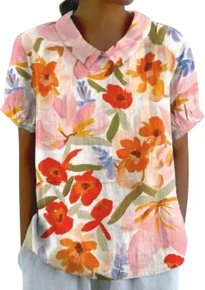 LCMTWX Womens Short Sleeve Cotton Linen Shirts Down Up Shirt Casual Collared V Neck Tops Shirts Loose Plus Size Short