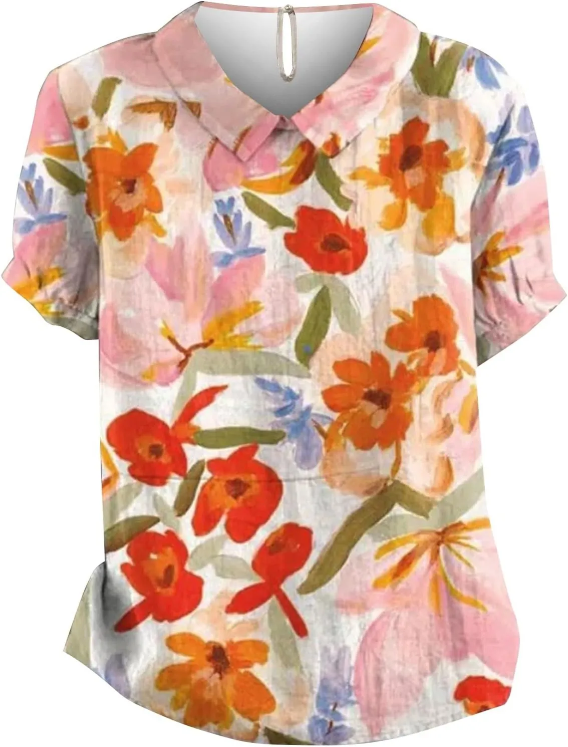 LCMTWX Womens Short Sleeve Cotton Linen Shirts Down Up Shirt Casual Collared V Neck Tops Shirts Loose Plus Size Short