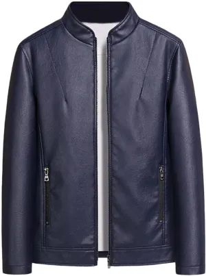Leather Jacket for Men Solid Color Zip PU Leather Jacket Short Lapel Motorcycle Leather Men's Cotton Lightweight