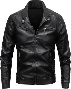 Leather Jacket for Men Solid Color Zip PU Leather Jacket Short Lapel Motorcycle Leather Men's Cotton Lightweight