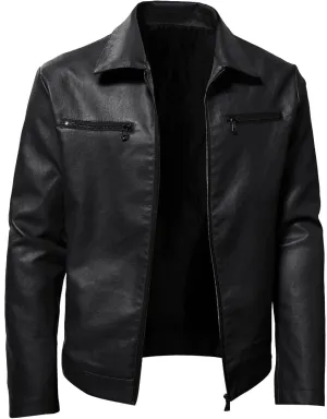 Leather Jacket for Men Solid Color Zip PU Leather Jacket Short Lapel Motorcycle Leather Men's Cotton Lightweight