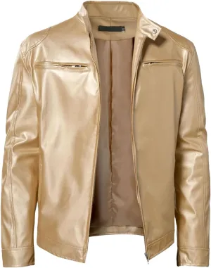 Leather Jacket for Men Solid Color Zip PU Leather Jacket Short Lapel Motorcycle Leather Men's Cotton Lightweight