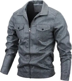 Leather Jacket for Men Solid Color Zip PU Leather Jacket Short Lapel Motorcycle Leather Men's Cotton Lightweight