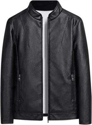 Leather Jacket for Men Solid Color Zip PU Leather Jacket Short Lapel Motorcycle Leather Men's Cotton Lightweight