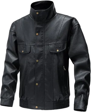 Leather Motorcycle Jackets for Men Faux PU Leather Stand Collar Motorcycle Jacket Vintage Full Zip Up Biker Coats