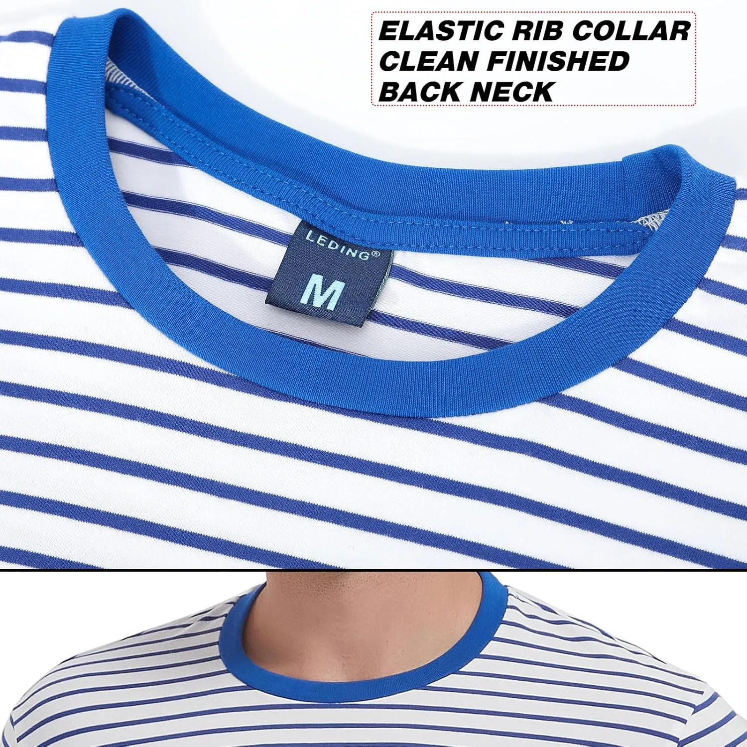 LEDING Mens Shirt Striped Black White Cotton Spandex Crewneck Long Sleeve Basic Pullover Stripe Casual Crew Tee Shirt
